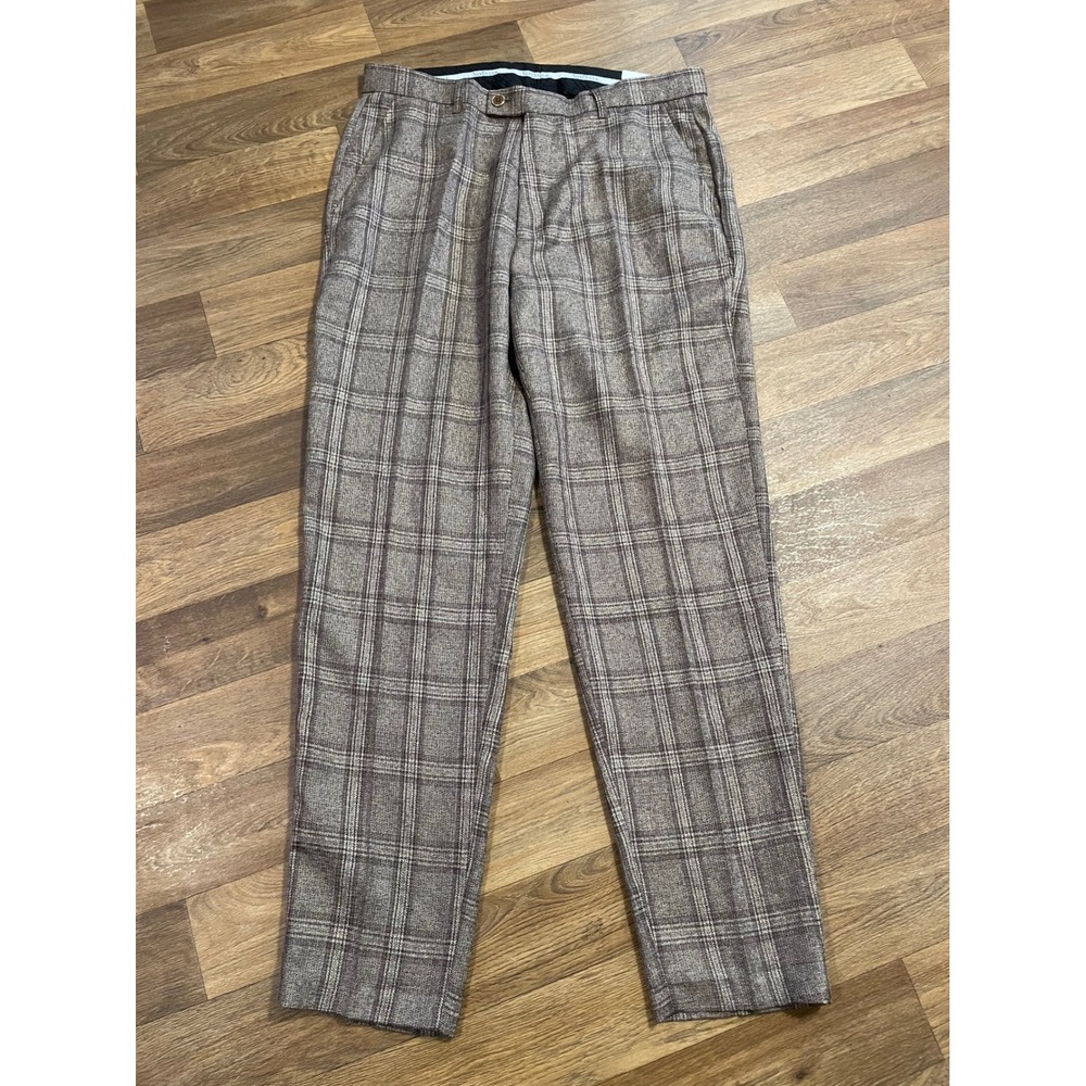 SilverSilk Mens Brown Plaid Dress Pants 38x34 Flat Front Trousers NWT